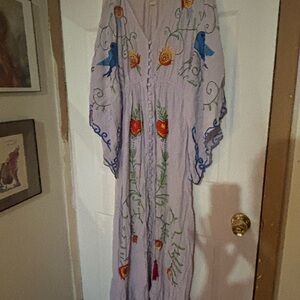 Fillyboo Lavender Embroidered Boho Maxi Dress with Bird & Floral Motifs